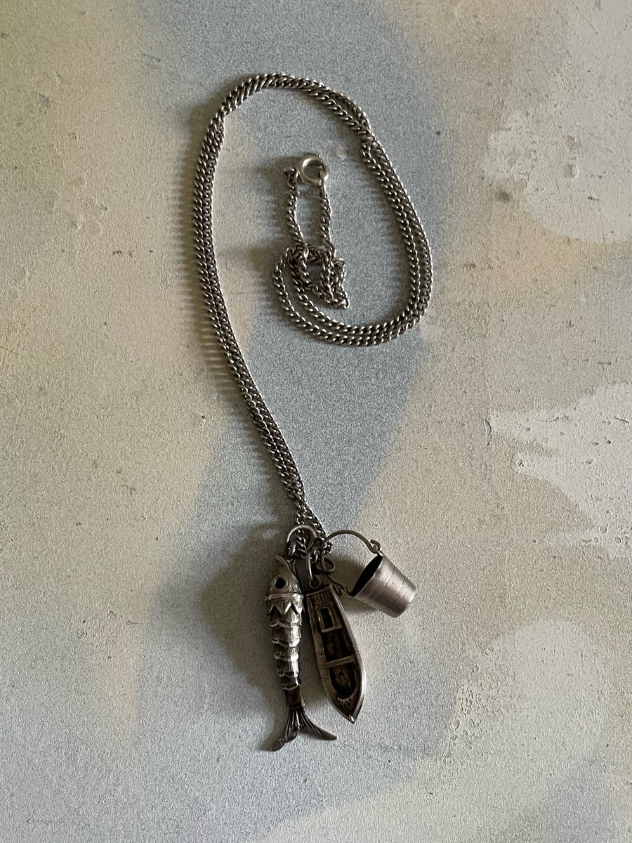 Bena | Vintage charm silver necklace, boat, fish & bucket