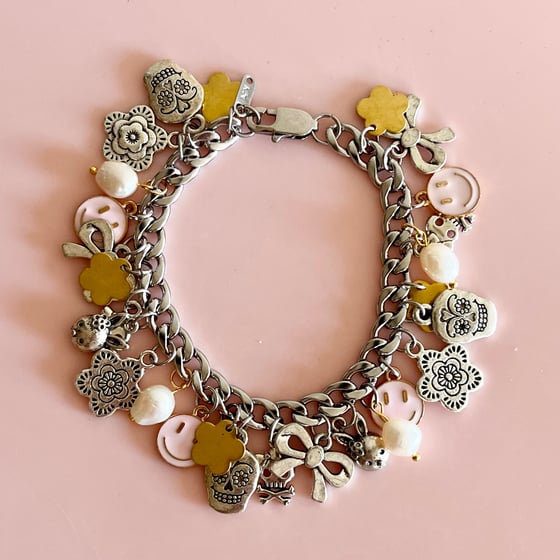 Image of One of a Kind Charm Bracelet - Pink Smiles, Flowers, Bows, Pearls
