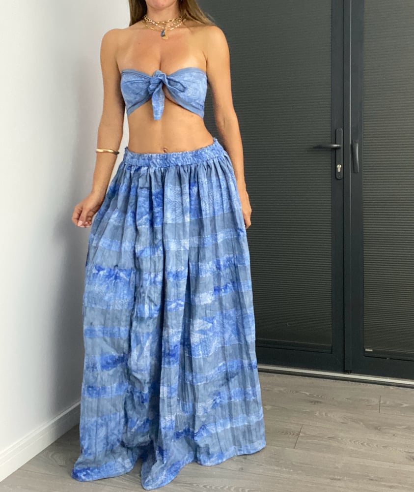 Image of Senorita Full Maxi Skirt Set In Denim Blue Cotton & Crochet Lace 