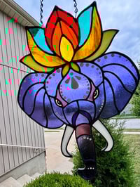Image 2 of Elephant & Lotus Stained-Glass Suncatcher - Colorful Lotus Flower Window Hanging Art Decor