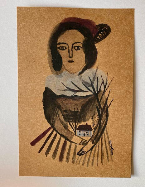 Image of 5. Original work on brown paper (Lady with tiny house)