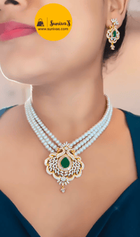 Image 1 of 3 layer American Diamond Pearl Set in Peacock Design 