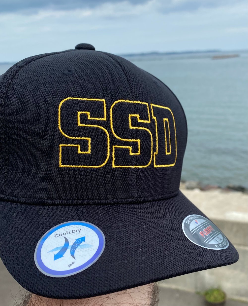 Black fitted Flexfit Hat with Gold SSD Outline Logo