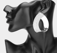Silver Half Rhinestone Paved Metal Teardrop Earrings
