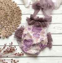 Image 1 of Photoshoot body | Marella romper | age 9-12 months | dark purple flowers | sitter