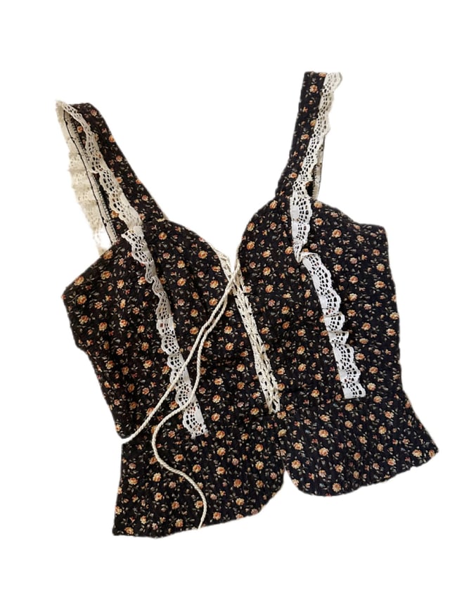 70s black calico lace up camisole blouse 