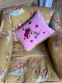 Image 5 of Pink velvet, red rose cushion with stars and gold fringe