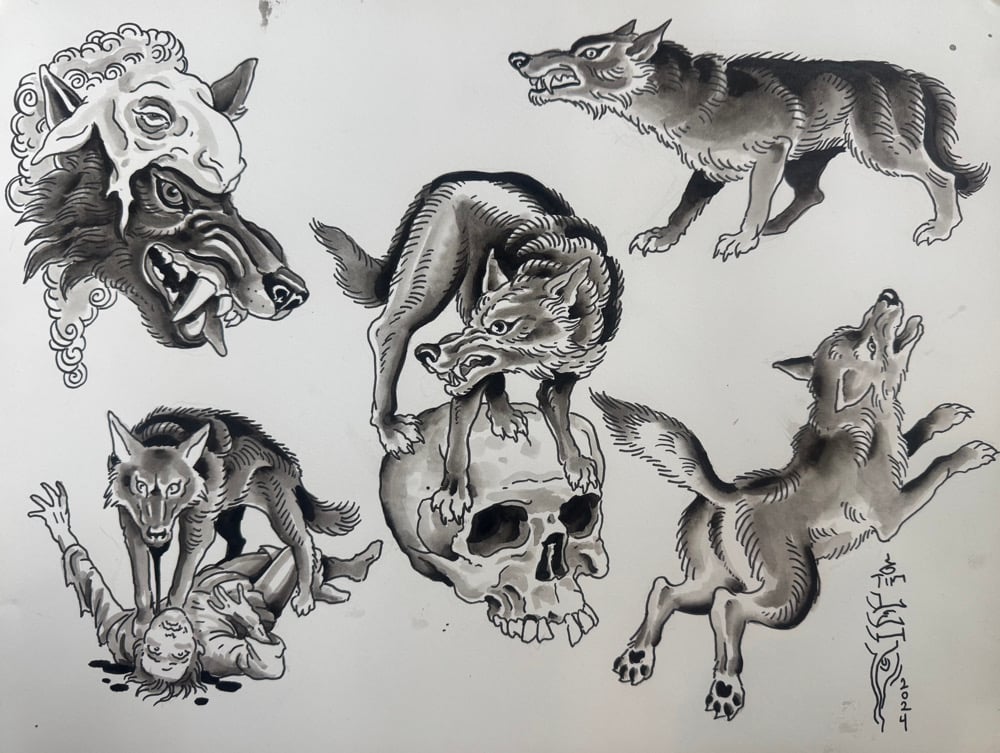 Image of Tim Lehi “Reaper Wolf Book Page #104” Painting