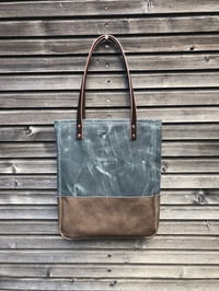 Image 5 of Waxed canvas tote bag in slate with base in oile leather