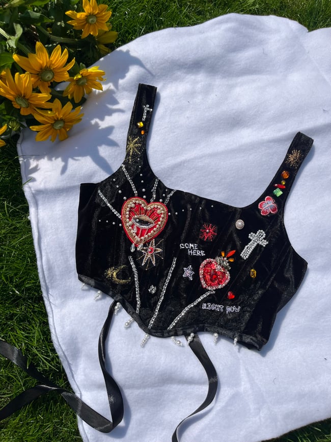 Handmade Heavy Embellished Heart Velvet Corset