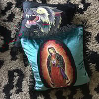 Image 9 of Virgin of Guadalupe cushion in real velvet with black fringe