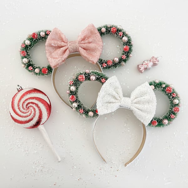 Image of Peppermint Wreath Ears with White or Blush Bow