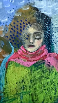 Image 2 of Winter Can’t Last Forever Oil Acrylic Pastel Graphite on Wood 5" x 5" x 1.5” copy