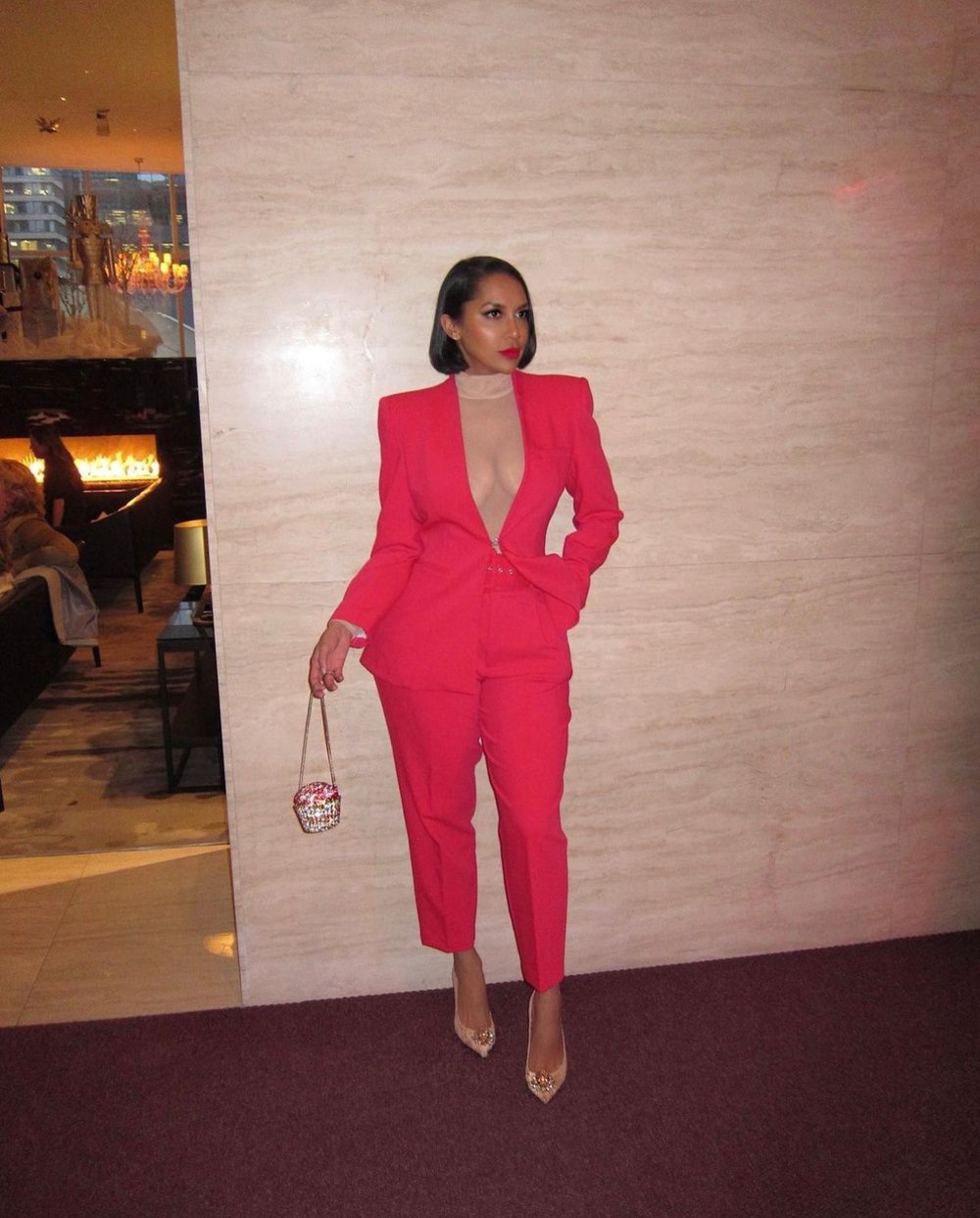 Image of ZARA PINK 2 PIECE BELTED SUIT (LARGE) 