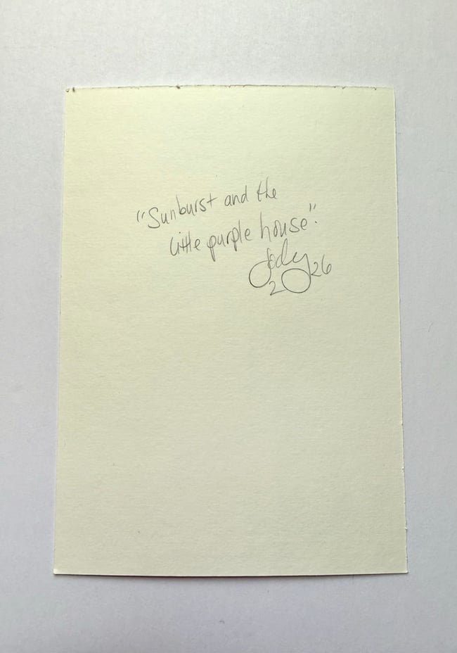 Sunburst & the little purple house. Original 5x7 Paper Painting