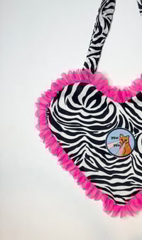 Image 2 of 💖 Y2K Zebra Heart Bag with Pink Ruffle Trim & “Pew Pew” Patch