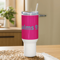 Image 2 of Travel mug with a handle (Psalms 9;11 Teal with Hot Pink)