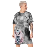 Image 1 of Black and Gray Watercolor Sphynx Cat T-shirt dress