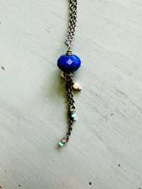 Image 4 of faceted lapis pendant with Kingman turquoise and pearl fringe