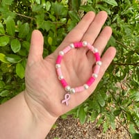 Image 1 of Breast Cancer Heishi Pearl Charm Bracelet