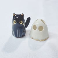 Image 1 of Glow In Dark Black Cat With Ghost Mask Ceramic Figurine 3