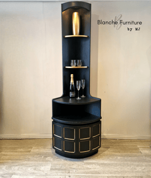 Image of Tall, Mid Century Corner Cabinet in Black and Gold - By Nathan