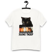 Image 3 of Unisex classic tee,  Sushi Thief T-Shirt | Funny Cat Sushi Lover Graphic Tee