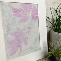 Image 2 of Botanical Monotype ~  Pink Leaves on Ghost Print ~  8x10 Inch Mat 