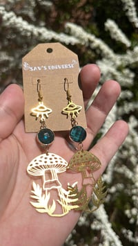 Image 1 of Teal Mushroom Ufo Earrings ✨🛸🌿🍄