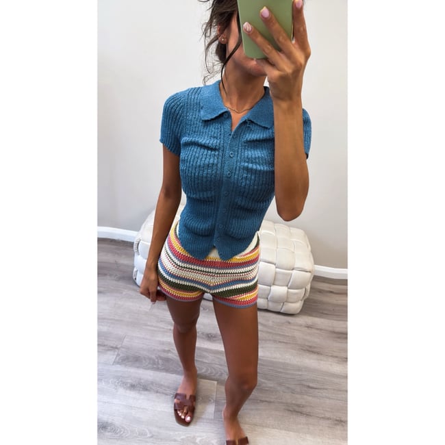 Blue Ruched Button Top 