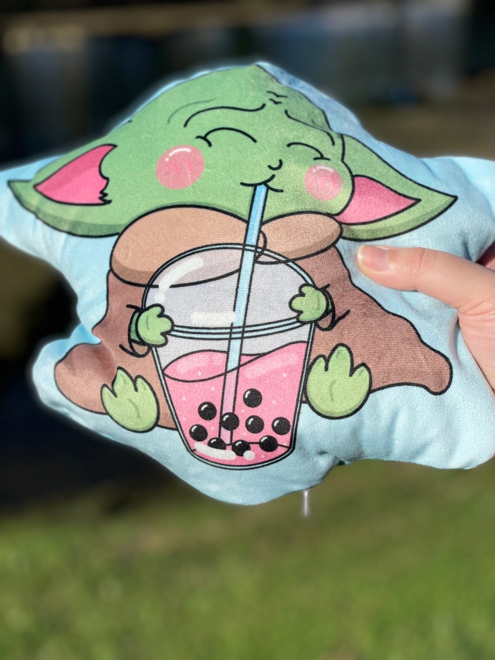 Image of Baby Alien Drinking Boba Plush Pillow & Acrylic Keychain