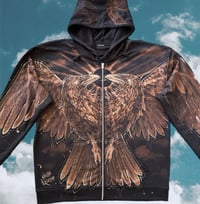 Image 2 of “TWO HEADED RAVEN” CUSTOM BLEACH PAINTED ZIP UP HOODIE XL