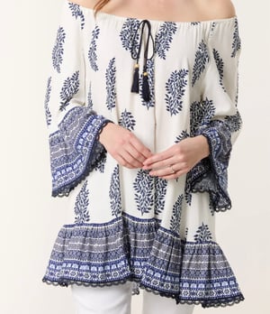 Image of PRINTED BARDOT TASSEL TUNIC TOP