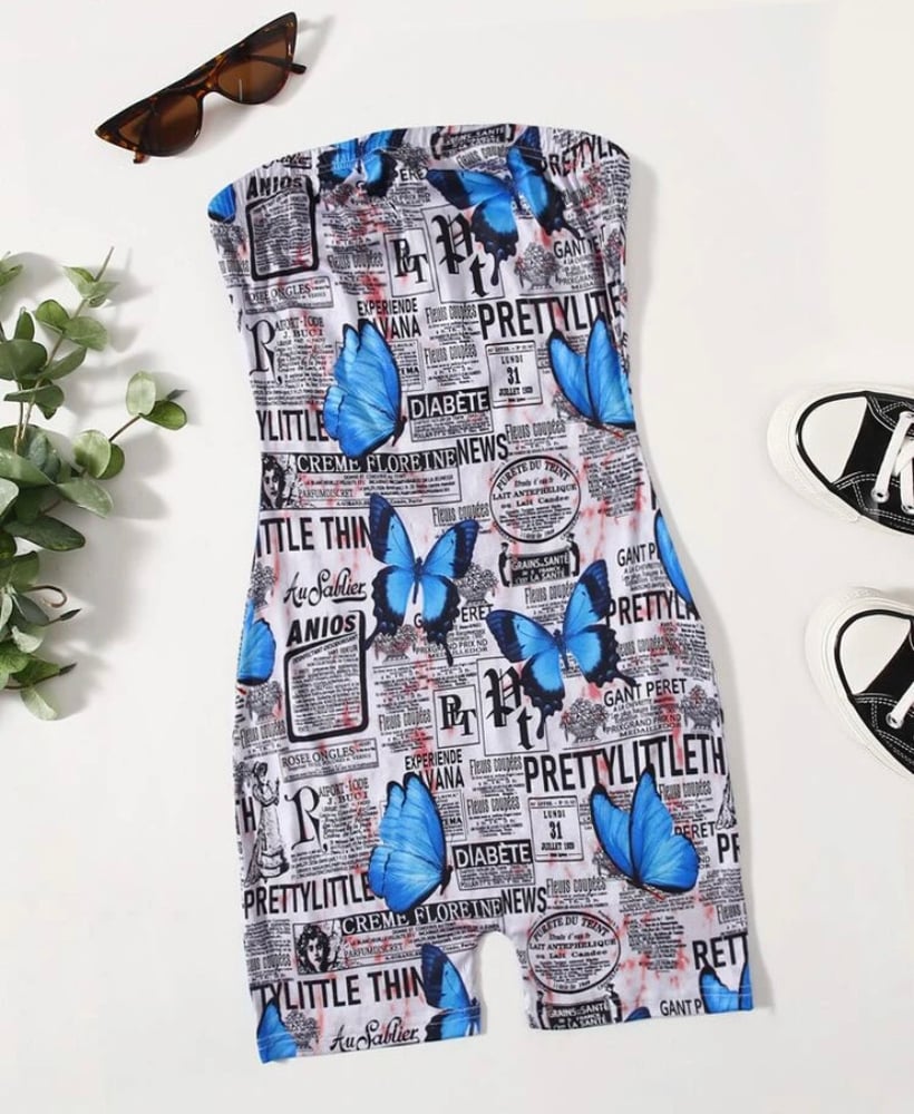 Image of Newspaper & Butterfly Print Tube Romper 