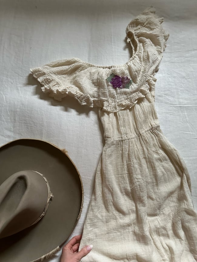 early 70s lightweight gauze off shoulder dress with floral detail 