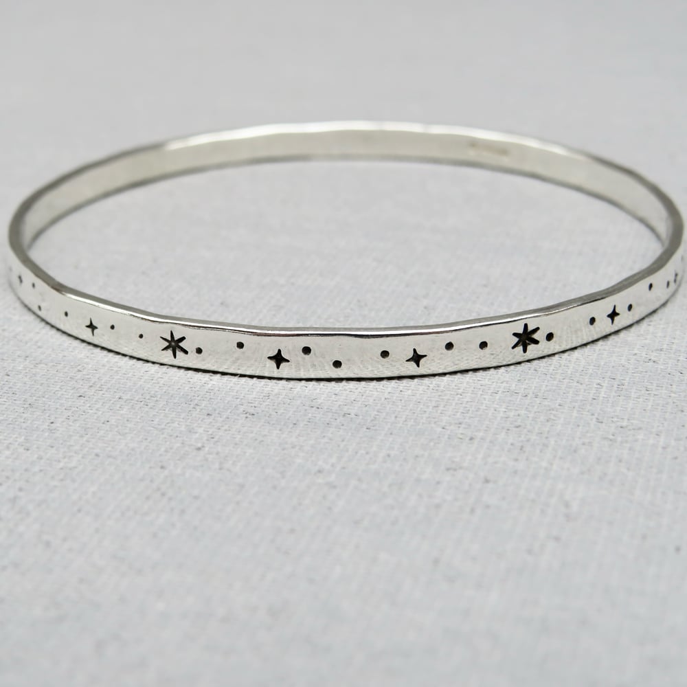 Celestial Sterling Silver Hand Stamped Stars And Dots Bangle 925