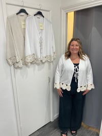 Scalloped Crochet Edged Tie Front Cardi 