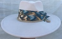 Image 1 of Off White Fedora Hat Multi Print, Rope and Feather Band