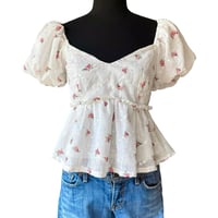 Image 1 of Boho Festival White Rose Floral Eyelet Overlay Babydoll Top with Puff Sleeve - Size M - Trixxi