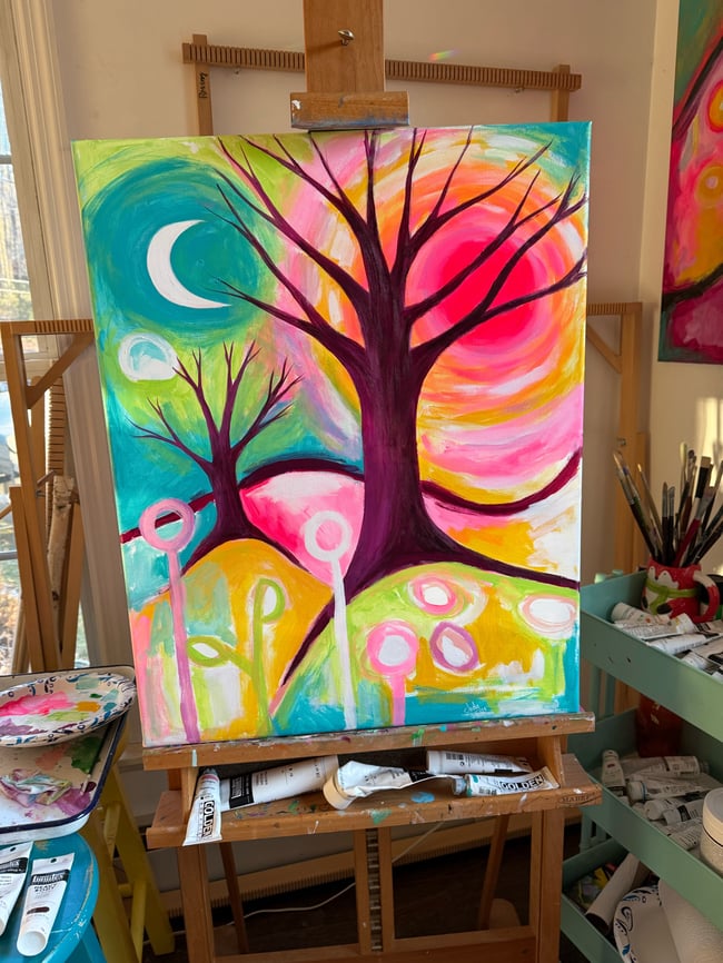 Pink Sunburst. Original Painting on canvas.