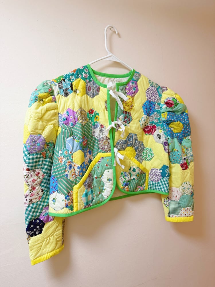Image of Princess Puff Sleeve Quilt Coat — Grandmothers Flower Garden