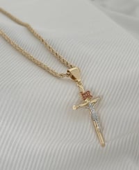 Image 4 of Small Two Tone cross Pendant with rope chain, gold tone religious cross charm, (Gold Plated) copy