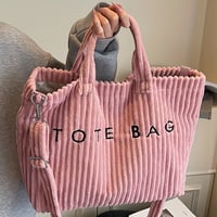 Image 6 of Women's Fashion Solid Color Corduroy Large Capacity Tote Bag, Letter Pattern with Contrast Design Ad