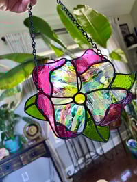 Image 4 of Flower Suncatcher with Handblown Fremont Glass - Stained Glass Pink & Green Floral Window Hanging 