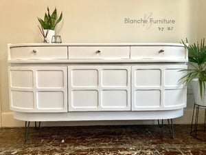 Image of Stunning Nathan Curved Sideboard in White on Brushed Steel Legs