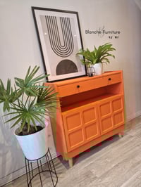 Image 6 of Slim Sideboard / Narrow Hallway Console by Nathan in Tuscan Orange with black knobs.