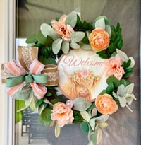 Image 3 of Peach Floral Highland cow welcome Wreath 