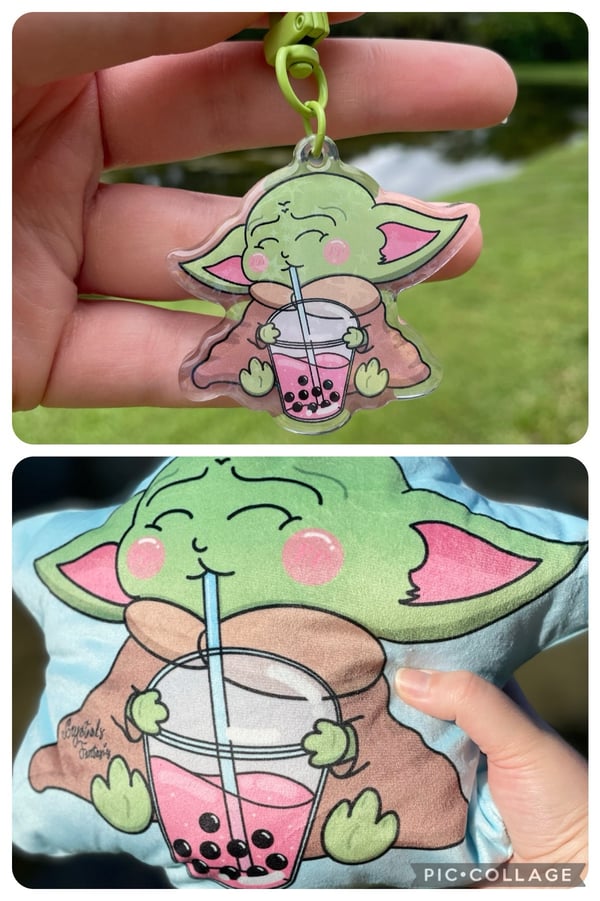 Image of Baby Alien Drinking Boba Plush Pillow & Acrylic Keychain