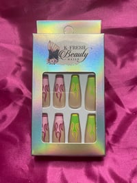 Image 1 of Nails - Long (Pink/Green Design)