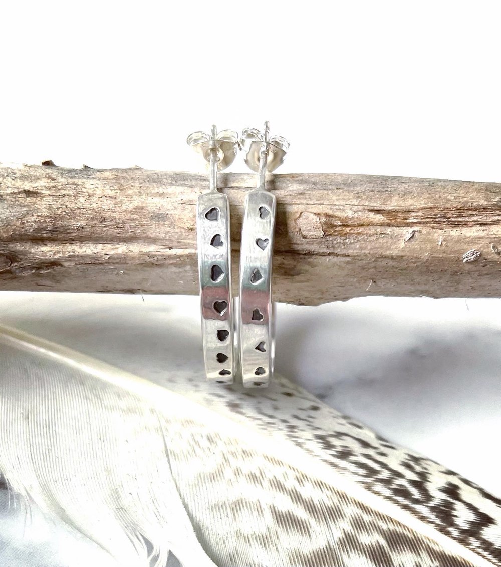 Handmade Sterling Silver Love Heart Midi Hoop Earrings 925